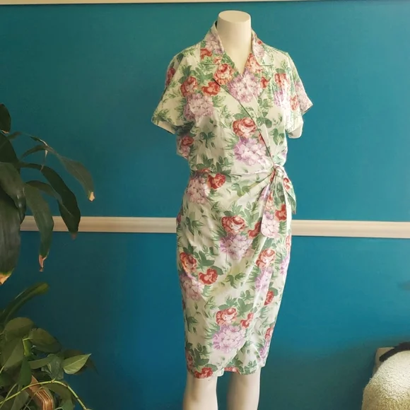 Susan Macy | Dresses | Susan Macy Wrap Dress Tropical Print With Bugle  Beads Green Purple Coral | Poshmark